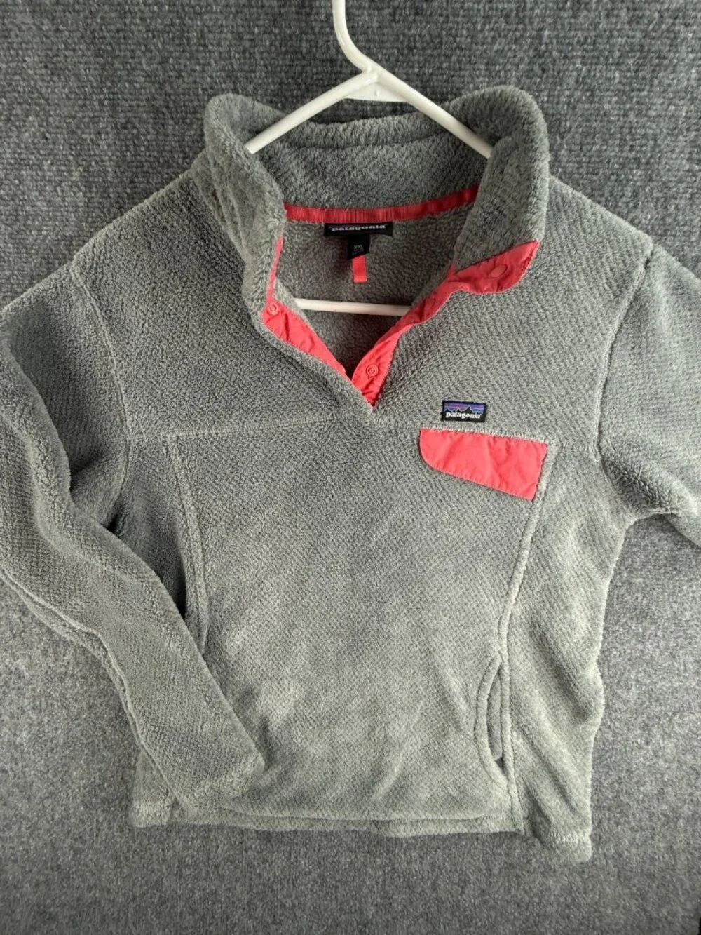 Patagonia Fleece Jacket Girls Youth Size 2XL 16-18 Gray Pink Fuzzy Soft Snap